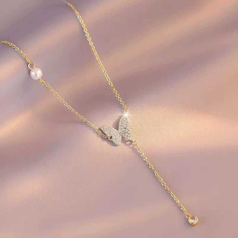 14K Gold Plated Butterfly Necklace for Women, Zirconia Dainty Necklace,Blissbling Jewelry Floating Necklace